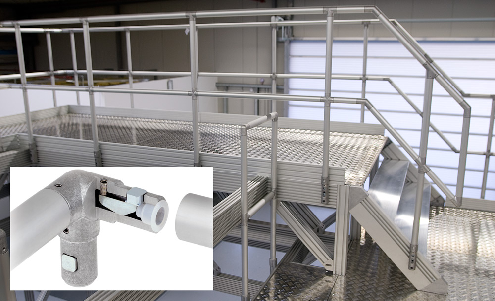 Con el sistema de uniones para tubos ITAS es fácil configurar barandillas, escaleras, plataformas y pedestales