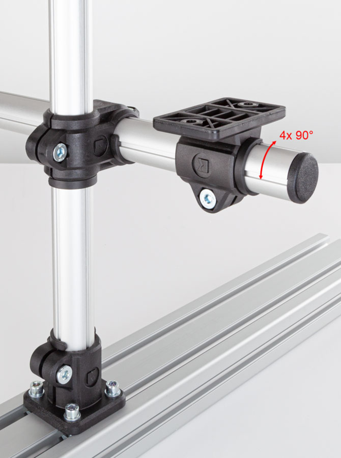 La disposición en 90° de las cuatro ranuras en el perfil y el uso de los clips garantizan un posicionamiento preciso y en ángulo recto de los tubos.